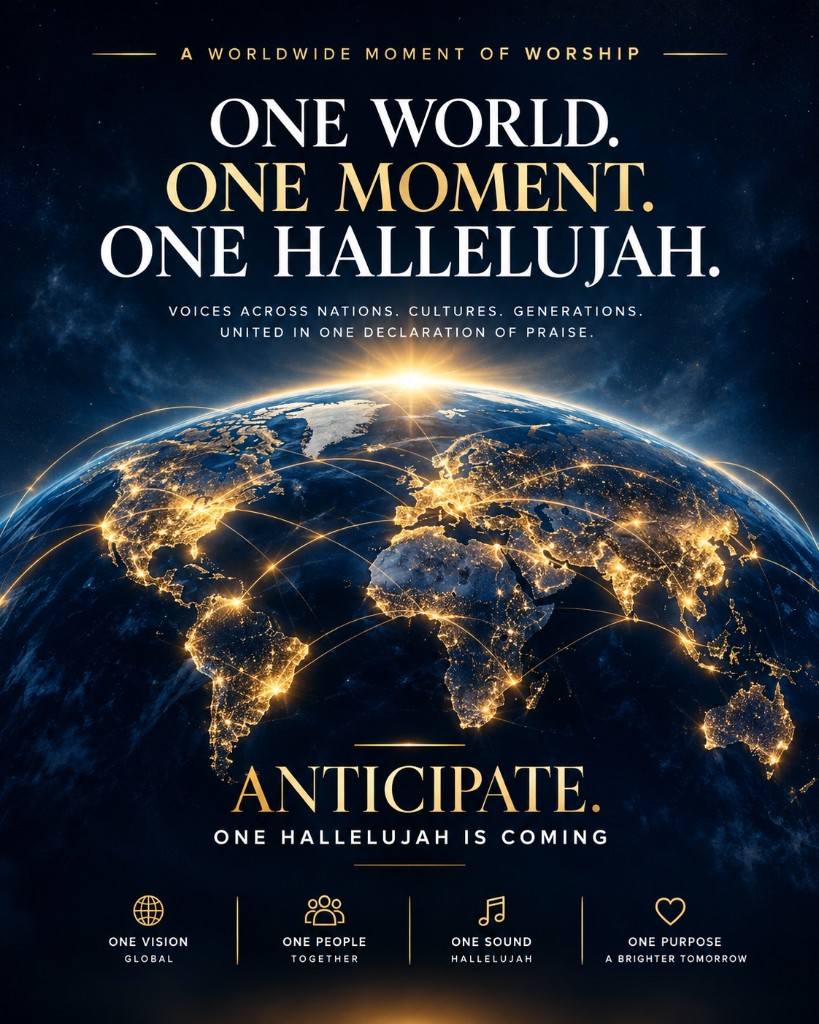 Poster. A worldwide moment of worship. One world. One moment. One hallelujah. Voices across nations, cultures and generations, united in one declaration of praise. The Earth at night. Anticipate. One Hallelujah is coming. One vision, global. One people, together. One sound, hallelujah. One purpose, a brighter tomorrow. Decorative. It does not show which countries have registered.